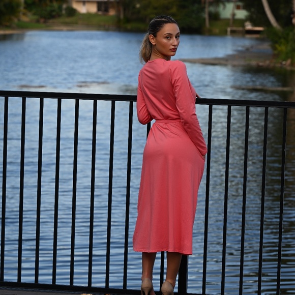 DEVORAH'S SECRET Coral Modest Midi Dress 100% Cotton - Picture 2 of 2